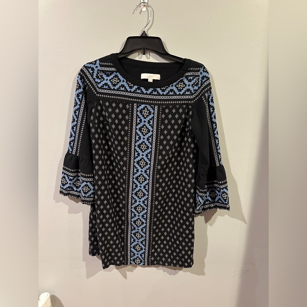 LOFT Petite Small Blue & Black Boho Print Dress Bell Sleeve Shift